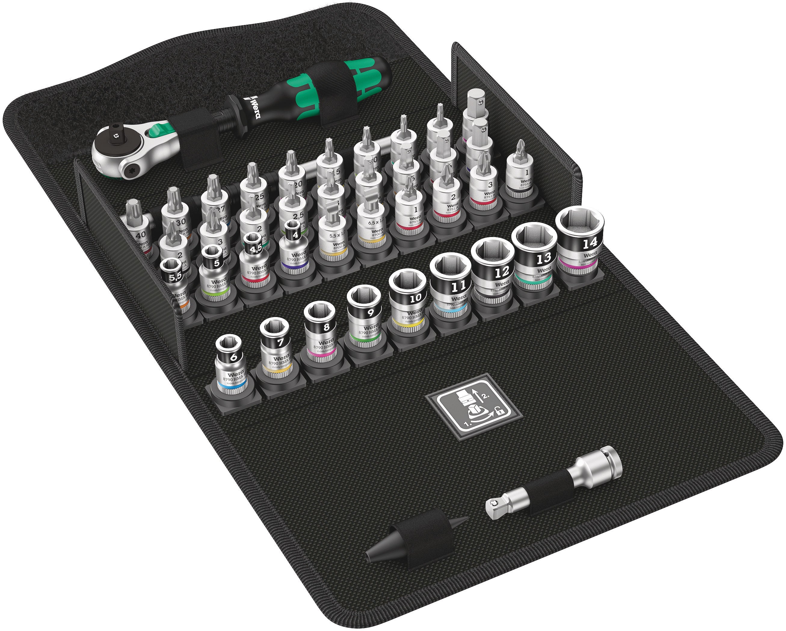 Wera | 05003755001 | 8100 SA | All-In Zyklop Speed 1/4" Metric Ratchet HF-Socket & Bit-Socket Set | 42pc + Tool Pouch