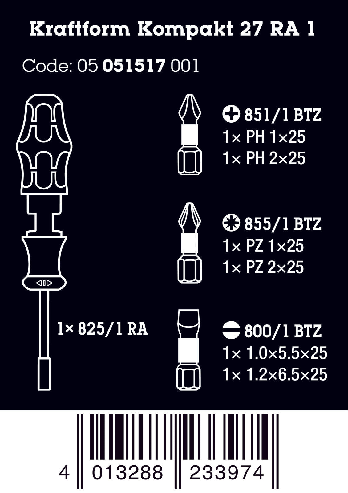 Wera | 05051517001 | KK 27 RA 1 | Ratchet Screwdriver Bit Set | 6pc
