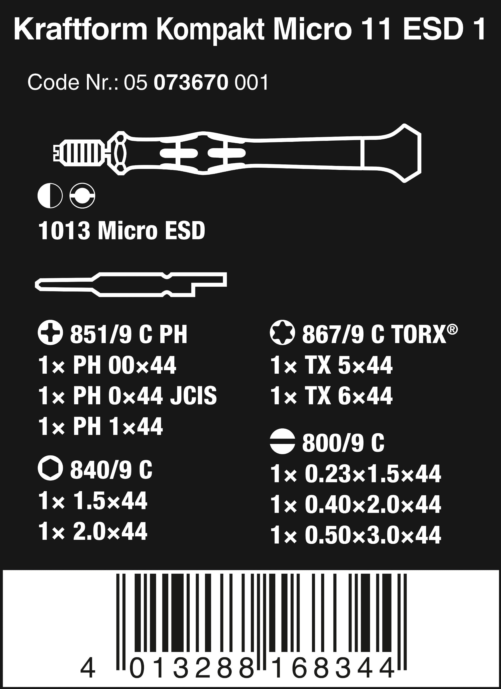 Wera 05073670001 | Kraftform Micro ESD Quick-Release Chuck - 11pc