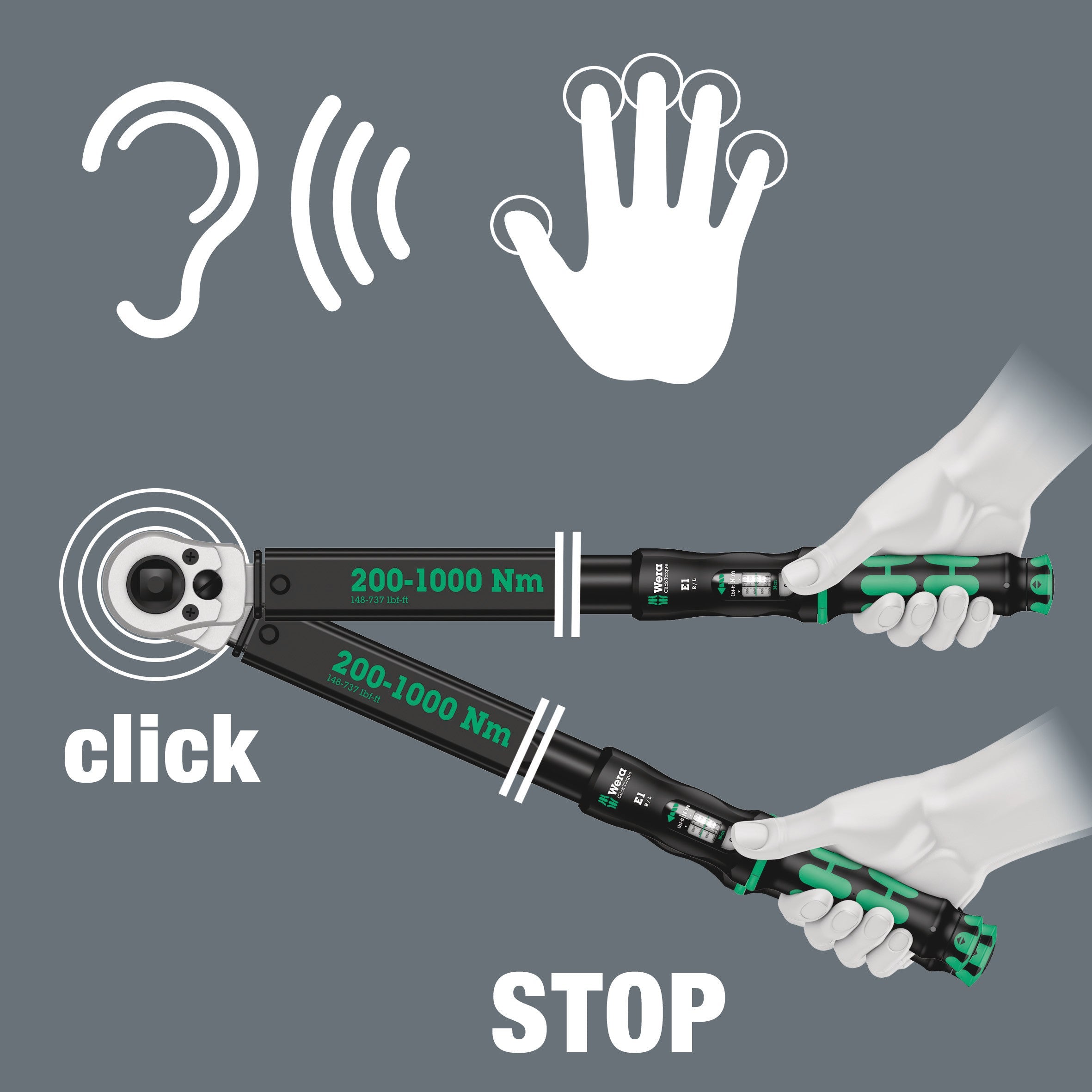 Wera | 05075631001 | Click-Torque E1 | 3/4in Push R/L Adjustable Clockwise and Anti-clockwise Torque-Control Ratchet Torque Wrench | 200-1000Nm