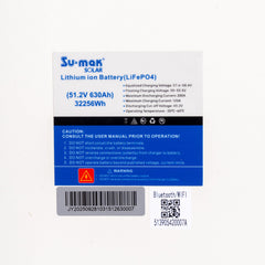Su-mak Solar 51.2V 630Ah Wall-Mounted Lithium Battery, LiFePO4 32.26kWh Energy Storage System, A Grade Solar Lithium Battery with Display