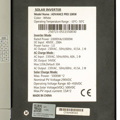 NBS SOLAR WALL MOUNTED HYBRID SOLAR INVERTER ADVANCE PRO 10KW/48V