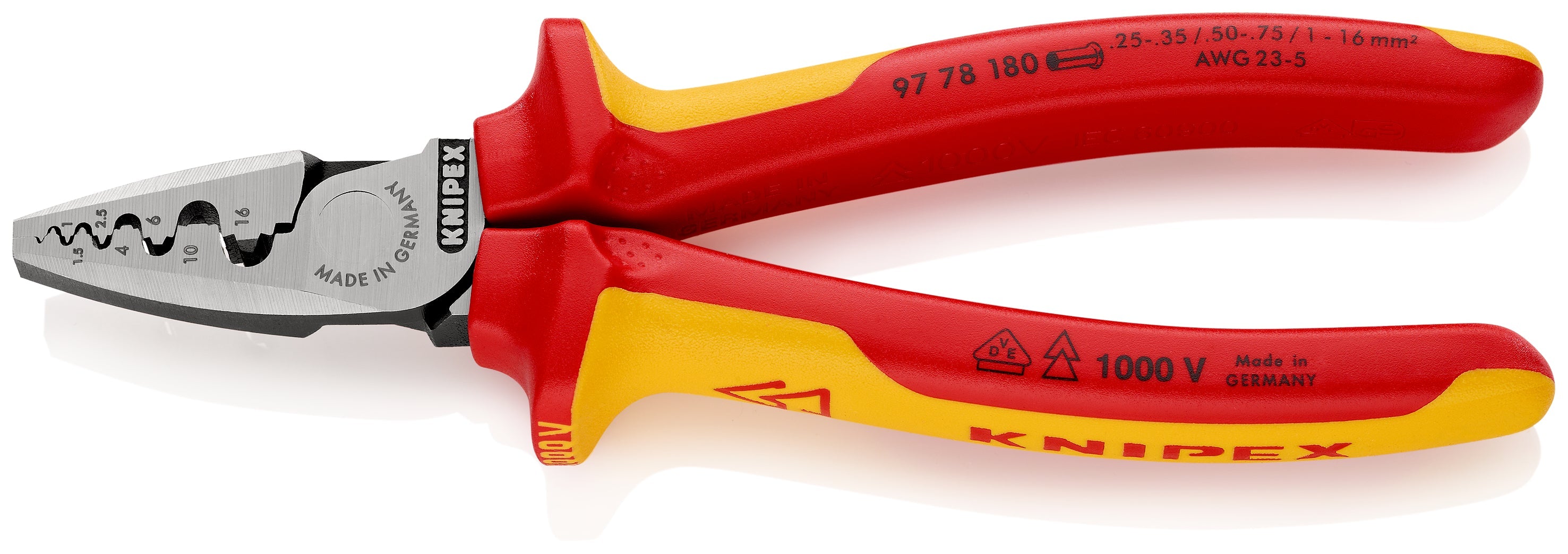97 78 180 | VDE Crimping Pliers for Wire Ferrules | Multi-Component Handle | Polished Head - 180mm