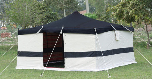 Arabic Luxury Style 4 x 4 Yards White & Black Camping Tent with Wooden Sticks for Outdoors, Desert and Party
