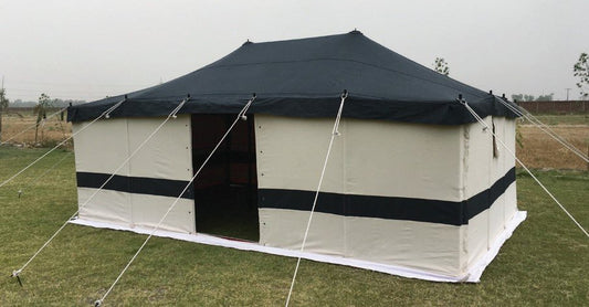Arabic Luxury Style 6 x 4 Yards White & Black Camping Tent with Wood Sticks for Outdoors, Desert and Party