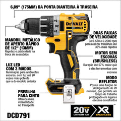 Dewalt 20V MAX XR DCD791B, Brushless Compact Drill/Driver, 20 V, 2 Years Warranty