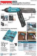 Makita Cordless Screwdriver Kit, DF001DW, Li-ion, 3.6V