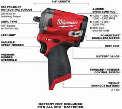Milwaukee Stubby Compact Impact Wrench, M12FIW38-0, Fuel, 3/8 Inch, 12V