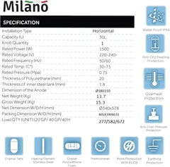 Milano 30L Horizontal Electric Water Heater, Italian Design 1.5kW with 7 Years Warranty