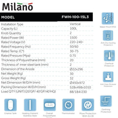 Milano 100L Vertical Electric Water Heater, Italian Design 1.5kW with 7 Years Warranty