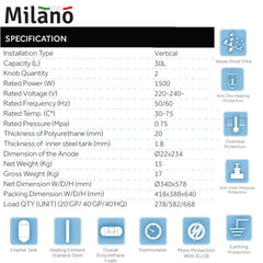 Milano 30L Vertical Electric Water Heater, Italian Design 1.5kW with 7 Years Warranty